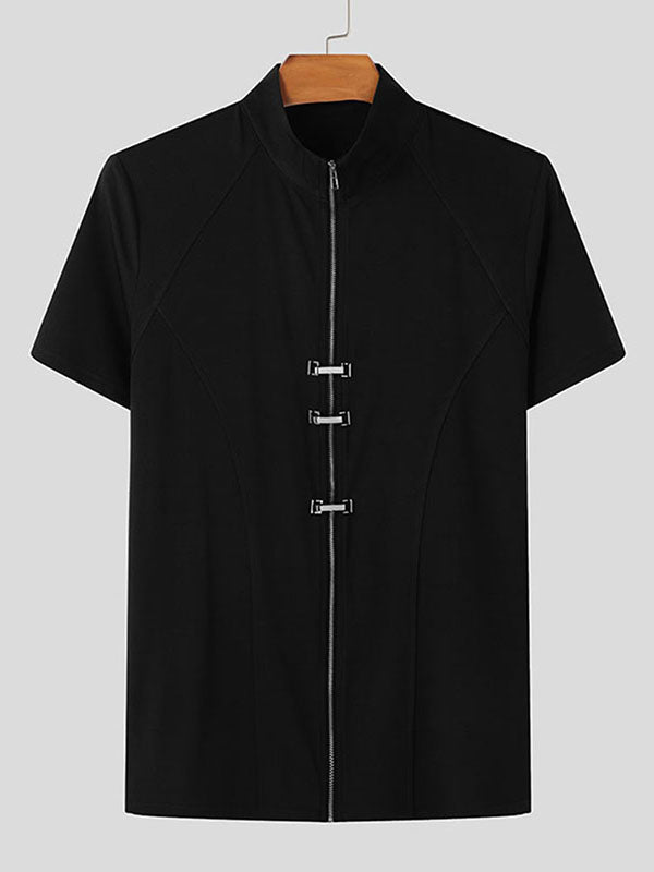 Mens Solid Color Zipper Short Sleeve T-Shirt SKUK97602