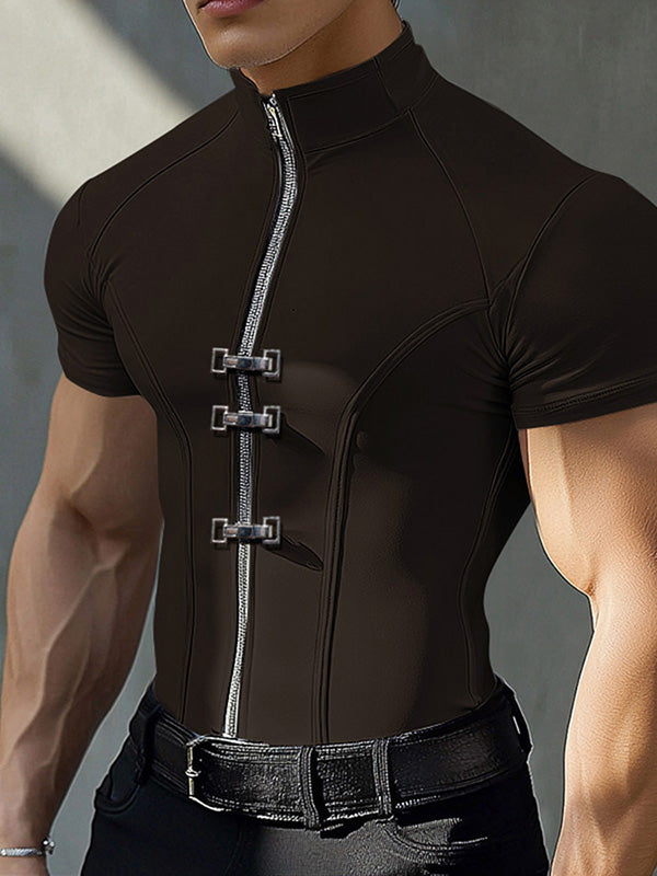 Mens Solid Color Zipper Short Sleeve T-Shirt SKUK97602