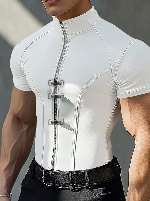 Mens Solid Color Zipper Short Sleeve T-Shirt SKUK97602