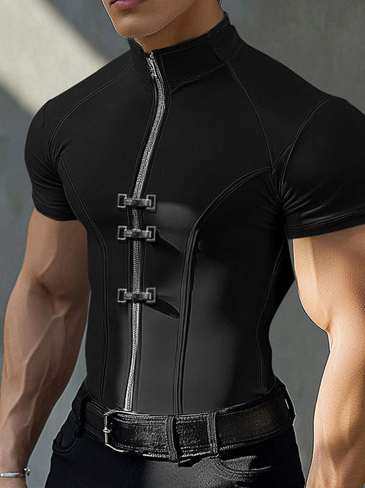 Mens Solid Color Zipper Short Sleeve T-Shirt SKUK97602